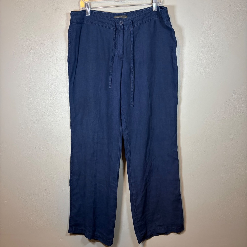 Tommy Bahama Leigh Fit Navy Blue 100% Linen Wide Leg Drawstring Pants Womens 14